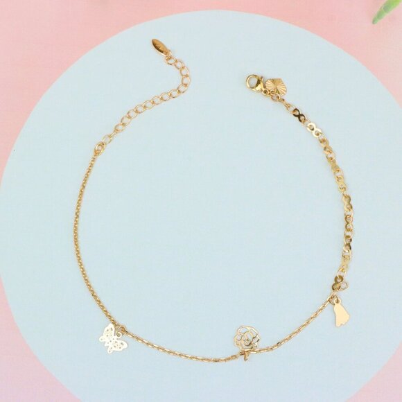 "Rose Gold Butterfly and Floral Charm Anklet, XPAL1053 - Picture 4 of 11